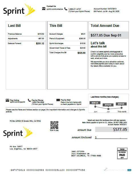 download download USA Sprint utility bill template in Word and PDF formats, version 3 PDF template PDF template